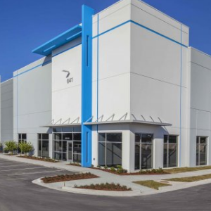 White and blue industrial building facade